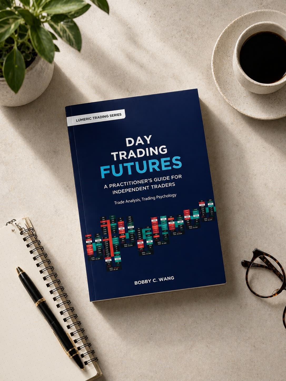 Day Trading Futures book cover on a desk with coffee and a notebook
