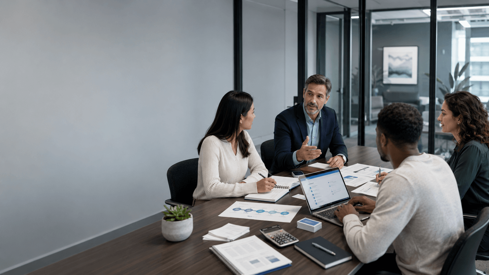 Financial professionals reviewing documents together