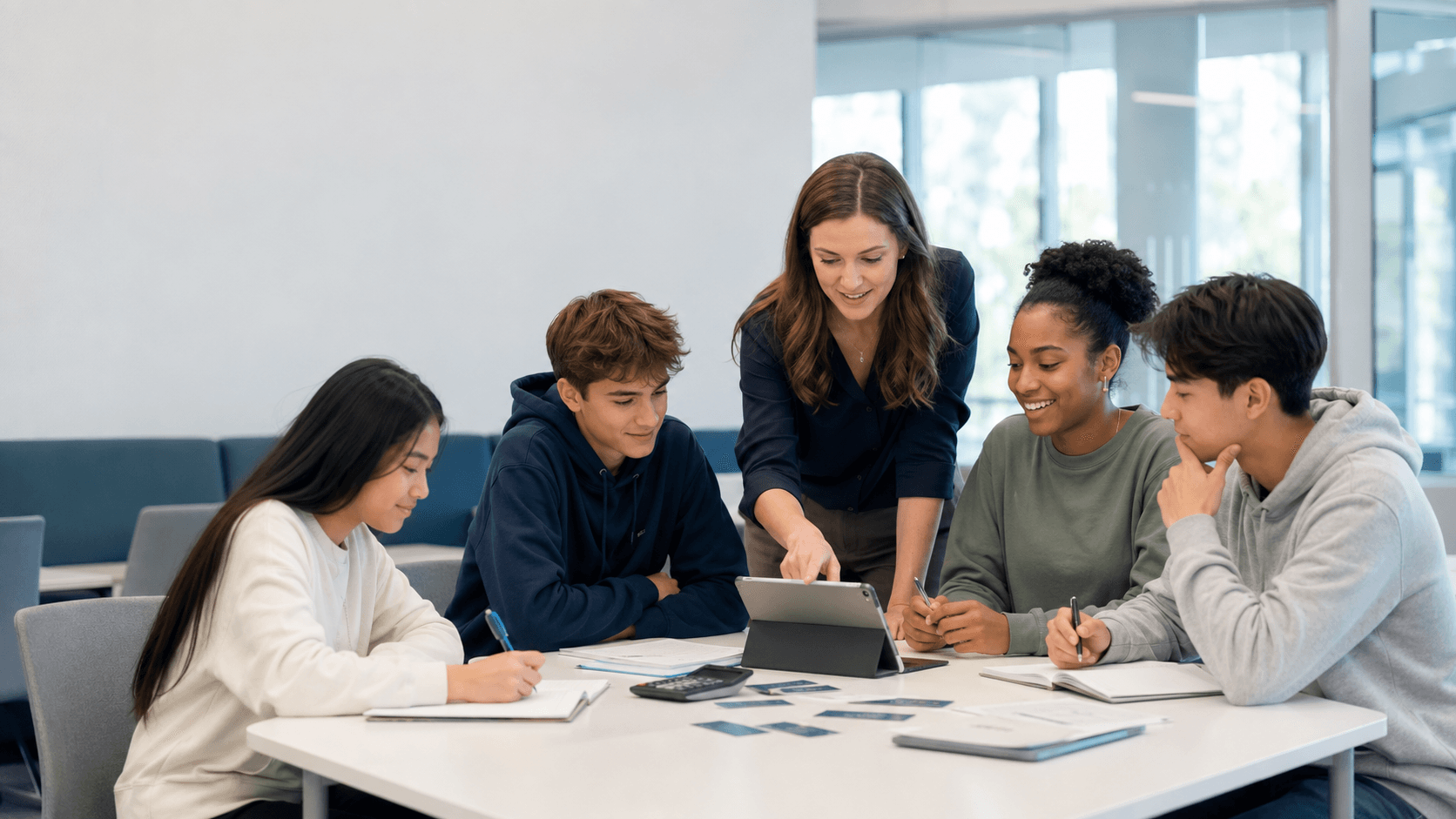 Students collaborating on a financial literacy activity