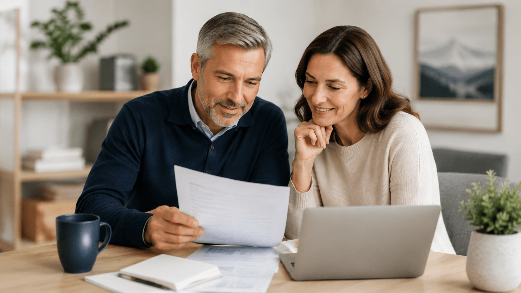 Couple reviewing investment documents at home