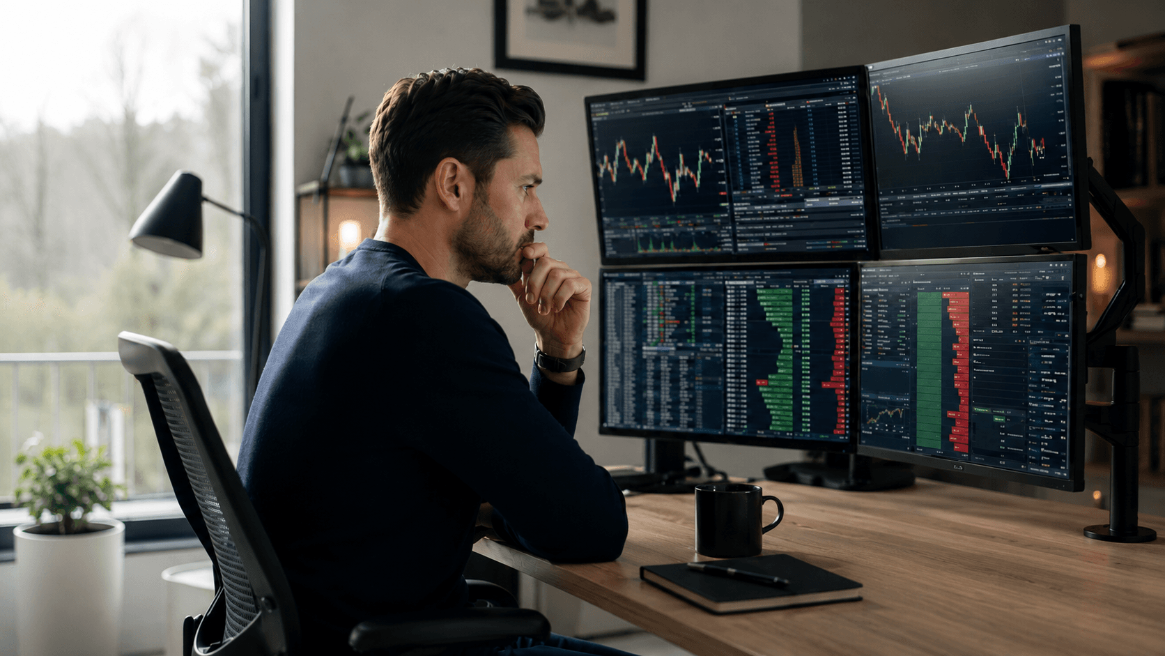 Trader analyzing candlestick charts on multiple monitors