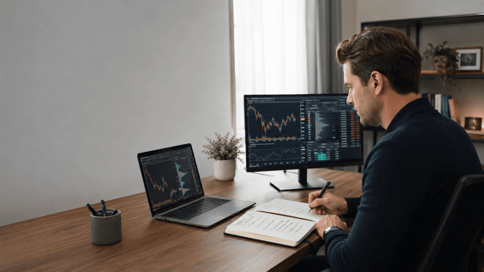 Trader working at a desk with multiple monitors