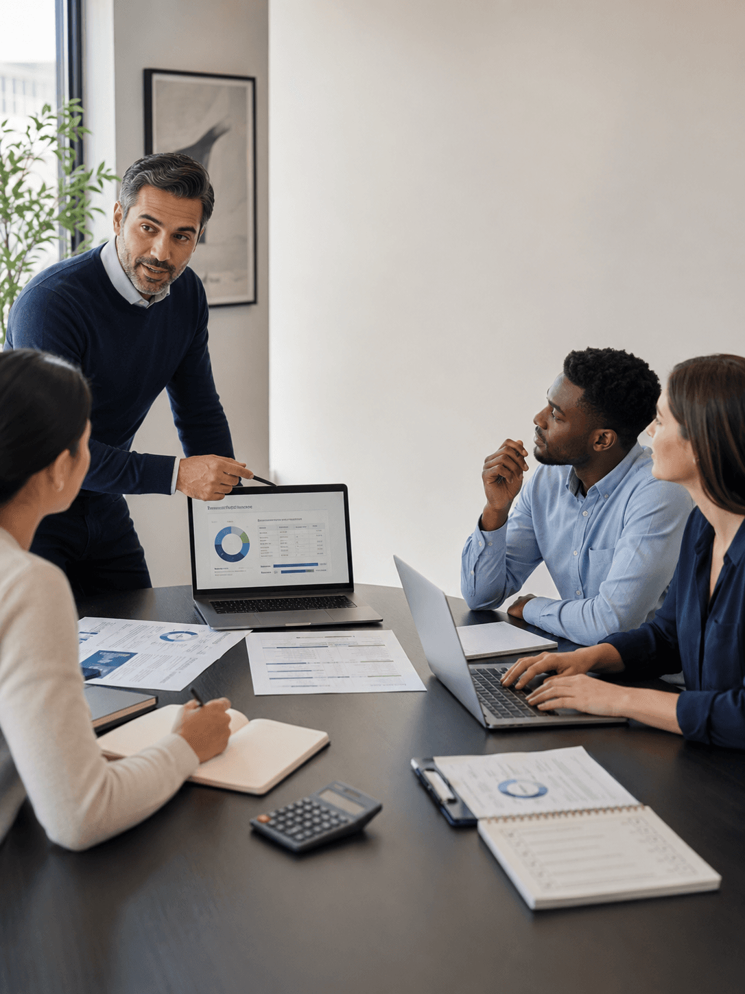 Finance professional presenting trading strategy to a team