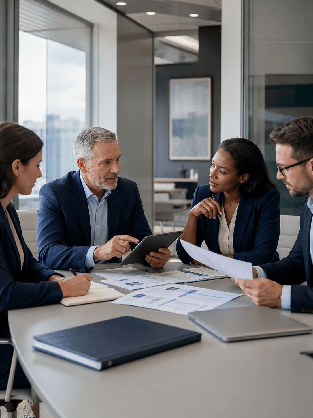 Financial services leadership team in discussion
