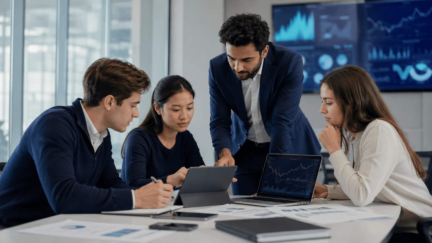 University students reviewing market data